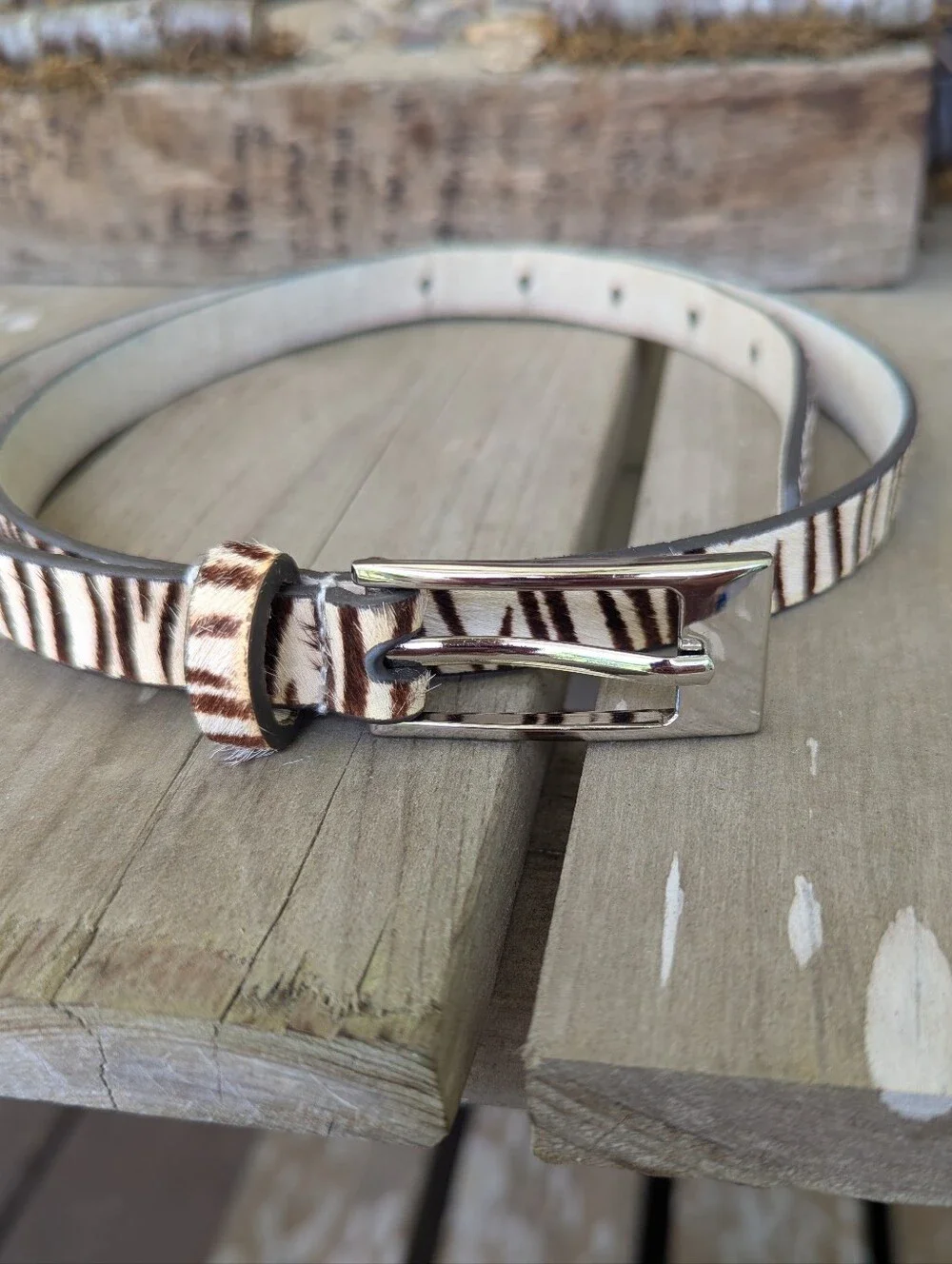 Zebra Print Genuine Hair Calf Leather Skinny Belt Silver Buckle Size Small